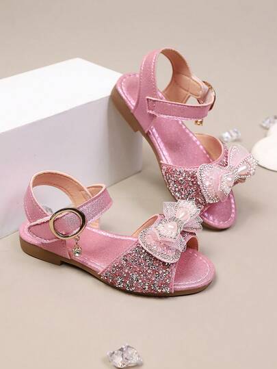 Girls' Pink Mesh Pearl Bow Sandals, New Summer Princess Shoes With Sparkling Rhinestones, Soft Bottom Children Sandals