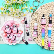 25/30 piezas Cuentas de silicona con forma de lápiz labial y perfume - Cuentas focales de silicona, cuentas poligonales + cuentas redondas impresas + cuentas planas, diseño de moda, para hacer joyas, ideal para pulseras DIY, cordones, bolígrafos con cuentas, decoraciones navideñas y otras manualidades - Regalo perfecto - Juego de cuentas, suministros de cuentas - Serie de pintalabios y perfumes - Ver 8