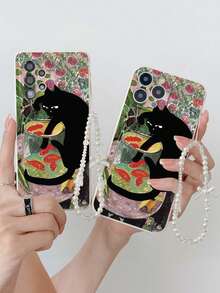 Ốp điện thoại màu trắng đơn giản, dày dặn, chống sốc, in hình mèo đen tinh nghịch theo phong cách tranh sơn dầu 2D, kèm dây đeo nơ trắng, tương thích với Apple 16 XR /7/8, Apple 15 Promax/12 PROMAX/13 PROMAX/14 PROMAX 13 14 11 12p14 P11 Soft Shell P12 Anti-Fall XS.XR /78P.78GES2, phù hợp với [Phiên bản quốc tế, không phải phiên bản nội địa] A13 4G A22 A21S A51 4G A52 S22 ULTRA A33 5G, phiên bản quốc tế, không phải phiên bản nội địa. - Nhiều màu - Xem 1