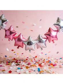 9pcs Set Including 4 Pink & 3 Silver Star Foil Balloons, 1 Roll Of Ribbon, Suitable For Birthday Party, Christmas And Various Festivals - View 2