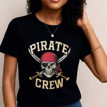 Camiseta de moda aventurera con estampado de calavera de tripulación pirata, manga corta y cuello redondo, top casual para verano y primavera, ropa de mujer- 1pcs, 180Gsm, 100% Cotton - Negro - Ver 2