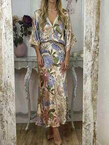 2pcs Women's Vintage Bohemian Tropical Print Midi Dress Set, Casual Fashionable Boho Style Spring/Summer Outfit - 彩色 - 查看 9