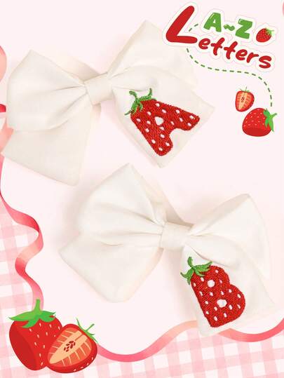 2 piezas Lazos para el cabello con bordado de 26 letras y fresas para bebé, Pinzas para el cabello con diseño de frutas lindas, Pinzas de cocodrilo de tela suave para boda, fiesta de cumpleaños, uso casual, diadema con fresa dulce, regalo festivo, accesorios para el cabello de bebé