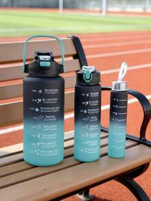 300ml/800ml/2000ml Capacity 3 Pieces Set Ombre Color Plastic Cups, Outdoor Sports Plastic Double-Wall Tumbler With Straws - Black and Blue Gradient - View 3