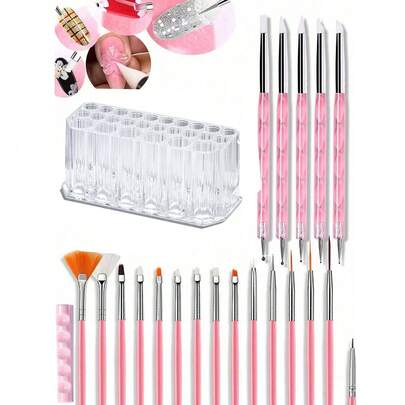 Bộ dụng cụ vẽ móng nghệ thuật gồm 15 bút vẽ móng màu đen, 1 giá đựng cọ vẽ móng, 5 bút khắc/chấm acrylic silicon hai đầu, kèm hộp đựng, thích hợp cho tiệm làm móng tại nhà và mùa tựu trường.