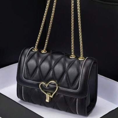 1pc Minimalist Fashion Indentation Diamond Shape Square Bag Lock Closure Flap Opening Metal Chain Shoulder Bag Suitable For Women's Daily Casual Use