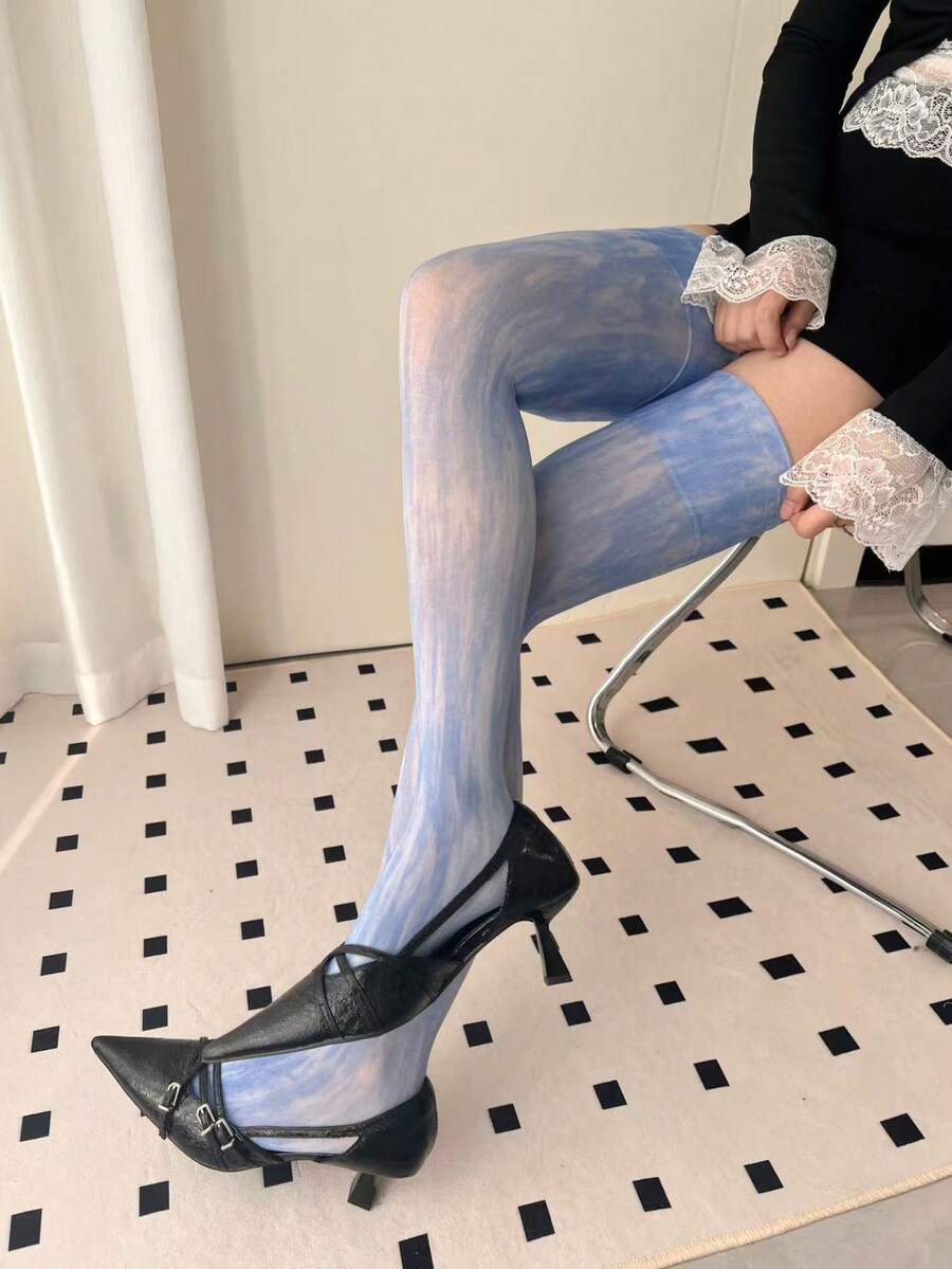 1 par de calcetines por encima de la rodilla con efecto tie-dye para mujer, azul grisáceo - Neblina azul - Ver 1