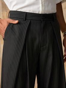 Men's Striped Print Zipper Crossover Loose Pants, Fall - Black - View 3