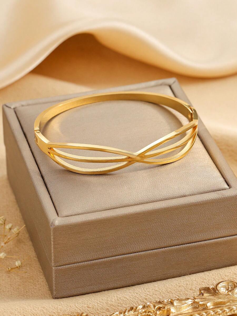 1pc Stainless Steel Minimalist Golden Bangle, Suitable For Women's Daily Wear Or Gift - Yellow Gold - View 1