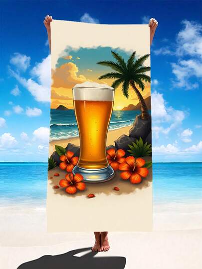 1条热带日落啤酒杯图案沙滩巾 - 提供大号和小号两种尺寸。产品特点：速干、柔软、便携、时尚、防沙、超强吸水、超细纤维材质。风格多样：波西米亚风、热带风、复古风、趣味风、瑜伽风、野餐风，并具有防紫外线功能。是海滩、泳池和户外活动的理想之选；旅行必备，也适合露营、瑜伽、健身、运动和游泳。男女皆宜。