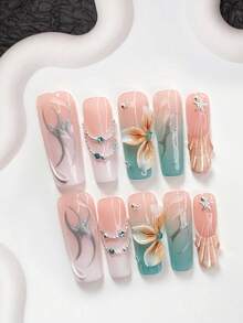 10件套神秘海洋风手工美甲套装，包含凝胶美甲套装、海星、链条、蓝色钻石美甲装饰、手工花瓣、贝壳纹理美甲装饰、粉色和蓝绿色指甲油，风格优雅，附赠美甲工具（1个果冻贴纸+1个指甲锉），三种尺寸适合杏仁形、鸭嘴形、棺材形指甲，适合派对、日常、活动、摄影、春夏通勤等场合。 - 彩色 - 查看 11