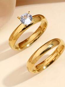 Bộ 2 nhẫn đôi mạ vàng 18K, chất liệu thép không gỉ, đính đá Cubic Zirconia, kiểu dáng thời trang, thích hợp làm quà tặng đính hôn và cưới. - Vàng - Xem 1