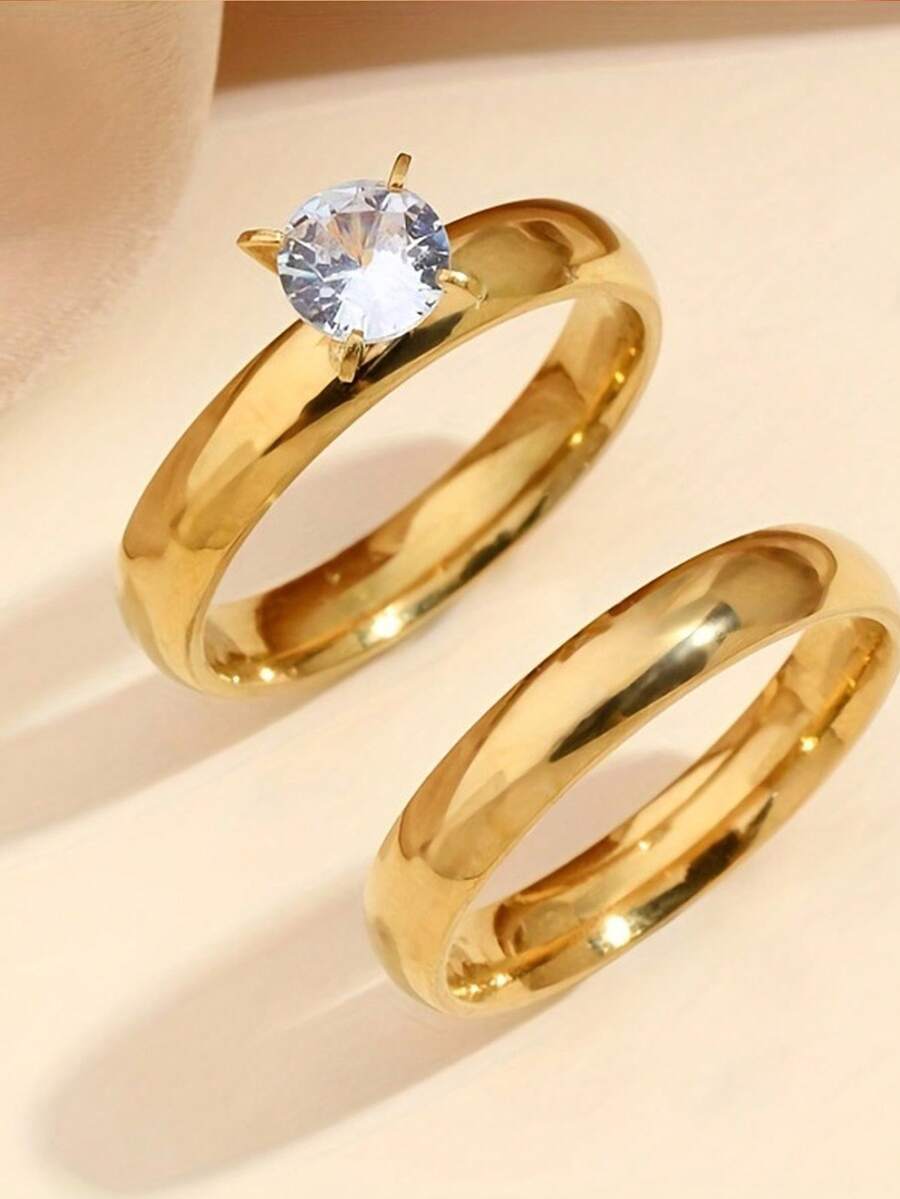 Bộ 2 nhẫn đôi mạ vàng 18K, chất liệu thép không gỉ, đính đá Cubic Zirconia, kiểu dáng thời trang, thích hợp làm quà tặng đính hôn và cưới. - Vàng - Xem 1