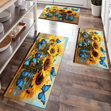 Sunflower Blue Butterfly Print Area Rug Set, Vibrant Floral Floor Mat, Non-Slip Washable Carpet For Kitchen Living Room Home Decor, Non-Slip, Absorbent, Washable Polyester, Kitchen And Laundry Area, Laundry Room | Decorative Floor | Absorbent - Multicolor - View 2