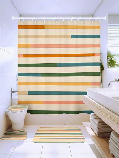 1/3/4pcs Medieval Modern Geometric Pattern Shower Curtain Bathroom Set, Retro Rainbow Striped Boho Bathroom Window Curtain, Waterproof Durable Bathroom Decor & Accessories, 72in*72in - Shower Curtain With 12 Hooks - Includes Toilet Seat Cover, Bath Mat And Rug, Polyester Fabric - Washable - Suitable For Holiday Decor, Spring/Bedroom/Residential/Western/Home Decor, Housewarming Gift, Medieval Style Home Decor, Minimalist Bathroom Decoration