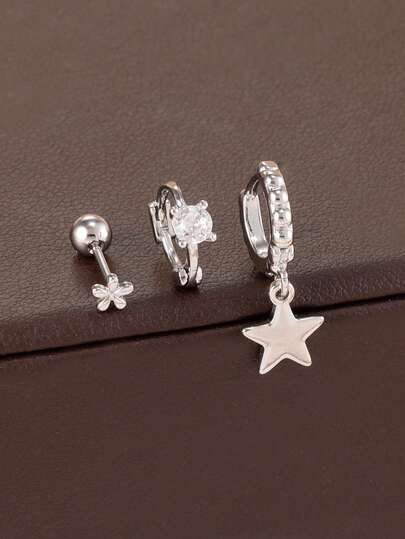 3pcs/Set Delicate Floral Stud Star Hopp Earrings Set, Low Allergy, Lightweight & Cute, Suitable For Cartilage, Helix And Other Pierced Areas, Stackable, Ideal Gift For Women And Girls