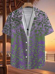 Abstract Leaf Swirl Pattern Symbolizes Nature's Vitality And Freedom Blending Purple And Green Energy For A Refreshing Tropical Vibe 3D Printed Men's Short Sleeve Casual Button Up Beach Shirt - trắng - Xem 4