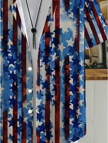 Pattern Of Vivid Stars And Artistic Red And Blue Brush Stripes Symbolizing Freedom And Optimism In Modern Abstract Style 3D Printed Casual Shirt For Men Summer Button Down Beachwear - 白色 - 查看 3