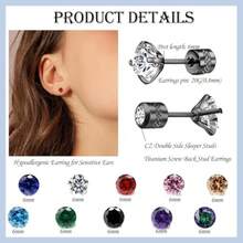 Stainless Steel Screw Back Stud Earrings for Men Women Titanium Hypoallergenic Earring for Sensitive Ears Surgical Steel Rainbow CZ Double Side Black sleeper Studs - 10 pares de 6 mm - Ver 7