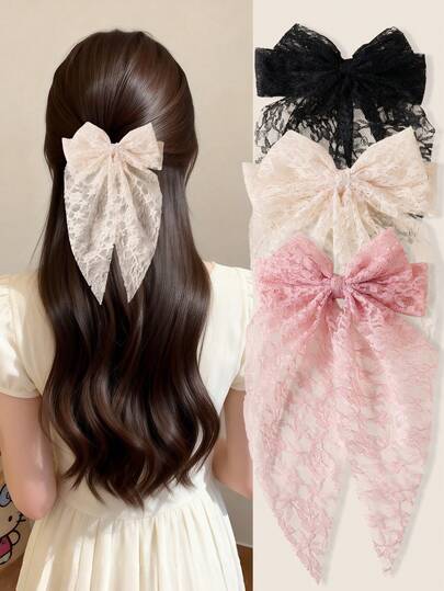 3件套彩色大号蕾丝蝴蝶结发夹，时尚简约长尾弹簧夹，可爱甜美发饰，适合派对、约会、休闲场合佩戴