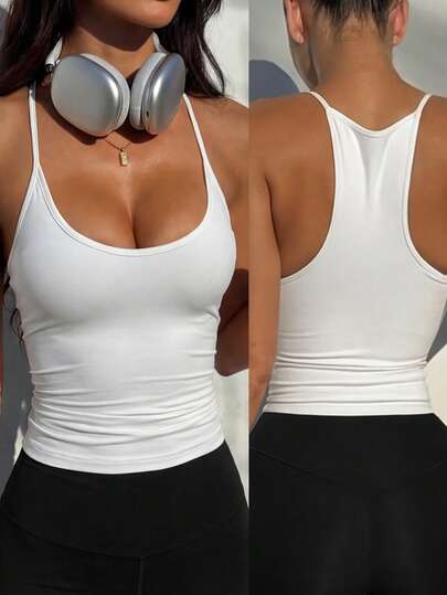 Camizolă sexy pentru femei, culoare solidă, mulată, potrivită pentru vacanță și plajă