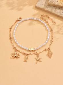 2pcs/Set Summer Ocean Style Faux Pearl Beaded Metal Starfish, Octopus, Seashell, Small Fish Pendant Anklet, Fashion Gold Color Jewelry For Women, Suitable For Daily Outfit, Beach Holiday, Date Wear - Gold - View 2