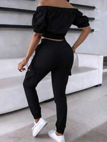 Women's Solid Color Off-Shoulder Zipper Front Cropped Top And Pants Set Black Elegant Summer - Black - View 5