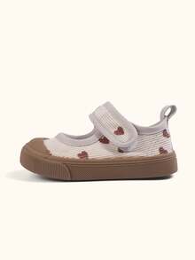 1 Pair Girls' Beige Heart Print Canvas Sneakers, Strap Round Toe Soft Sole, Comfortable Casual Cute Style Suitable For Spring/Summer Daily Outdoor Activities, Holiday, Party, Park Stroll (Random Pattern) - Beige - View 6