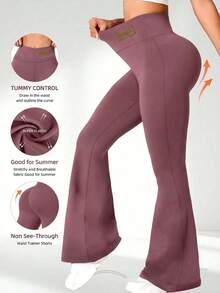 Women's High Waist Flare Pants, Lifting Waist Slimming Wide Leg Casual Pants, Solid Color All-Season Fitted Vacation Trousers - Red Violet - View 3