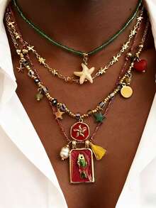4pcs/Set Vacation Casual Colorful Rope, Beaded, Shell, Fish Pendant Necklace Set, Minimalist Fashion Dopamine Layered Necklace, Suitable For Party, Holiday, Gift, Daily Wear - Multicolor - View 1