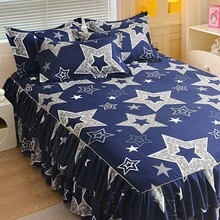 Conjunto de saia de cama minimalista moderna com estampa de estrelas e babados duplos (3 peças), roupa de cama para quarto (1 saia de cama, 2 fronhas, sem enchimento). - Azul marinho - Ver 3