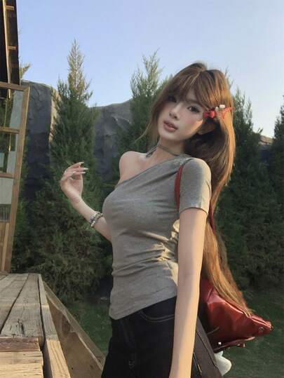 2026 Summer New American Sexy Asymmetric Neck Short Sleeve T-Shirt, Waist Cinched Slim Fit Cropped Top For Women