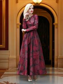 DEVCHATA Đầm maxi dài tay cổ tròn dáng rộng xòe rộng, chất liệu jacquard, kiểu dáng cổ điển sang trọng, tôn lên vẻ quyến rũ và quý phái, hoàn hảo cho các buổi hẹn hò, ngày lễ (Họa tiết hoa ngẫu nhiên), (Không kèm thắt lưng) - Đỏ - Xem 2