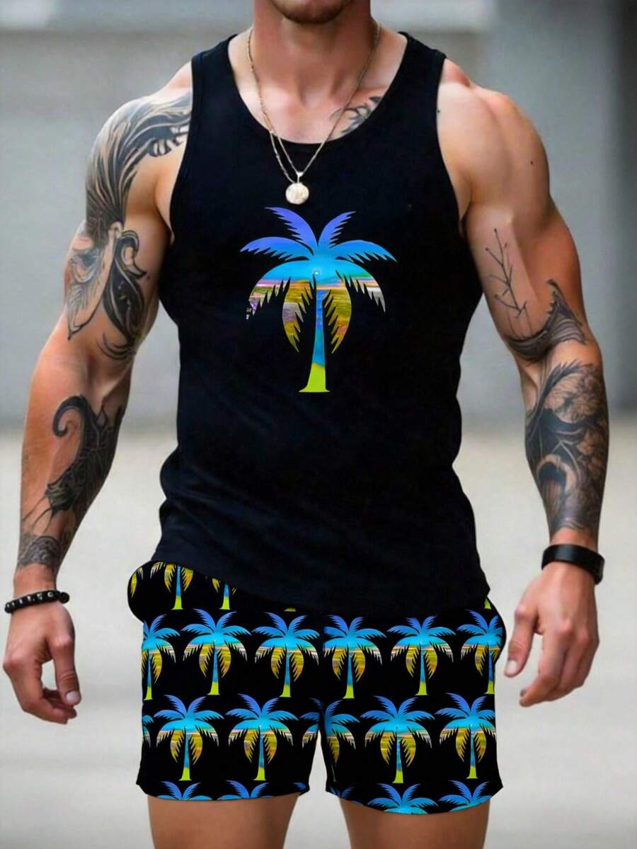 Bộ 2 món phong cách thường ngày, trưởng thành, gồm áo tank top và quần short in kỹ thuật số hình cây dừa và chữ, thích hợp cho kỳ nghỉ hè, hẹn hò, dự tiệc, là món quà tuyệt vời dành cho bạn trai. - Nhiều màu - Xem 1