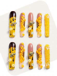10Pcs Premium Handmade Extra Long Square Press On Nails, 3D Bee, Honey Drip Decor, Honeycomb Accents, Pink Yellow Gradient Base, Glitter Details, Sweet Summer Style, High Gloss Finish, Salon Grade Reusable, Daily, Gatherings, Gift Summer - Màu vàng - Xem 11