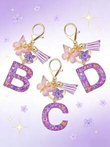 1个紫色蝴蝶字母钥匙扣，饰有闪亮亮片、流苏和珐琅花朵吊坠，时尚手提包挂件，母亲节礼物 - 淡紫色 - 查看 11