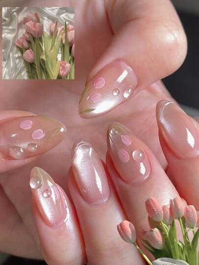 24PCS Spring Crystal Pink Cat Eye Tip Acrylic Fake Nails, Press On Nails With Tulip Print And 3D Gel Designs False Nails For Women Girls Daily Wear(Almond Shape)