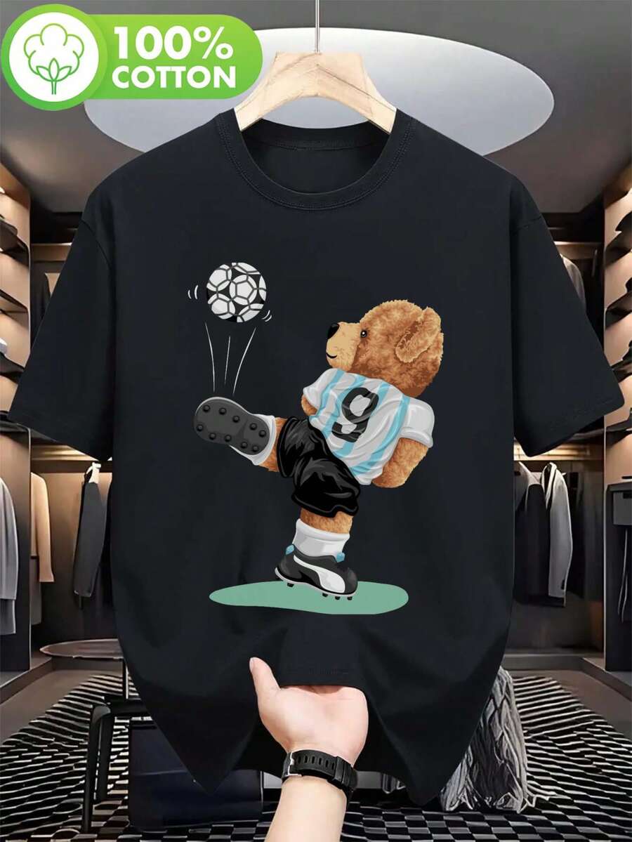 Camiseta de hombre con diseño de un jugador de fútbol con osito de peluche - Diseño de la camiseta número 9 de Argentina con cara de oso y botas de fútbol, camiseta de manga corta ligera y transpirable, ideal para salidas informales, eventos y entusiastas del fútbol (inspirada en Argentina). - Negro - Ver 1