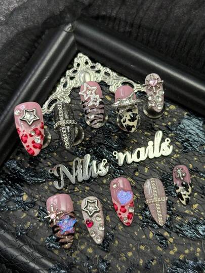 10pcs Almond Nail Acrylic Kit, Black Nails, Milky White&Pink French Nails, Hand Drawn Geometric Patterns Such As Black Zebra Stripes&Red And Black Leopard Spots, 3D Hollowed Out Stars&Iridescent Pink Heart-Shaped Diamonds&Cross Chains&Silver Metal Hollowed Out Stars&Multiple Iridescent Small Diamonds&Transparent Iridescent Stars And Other Nail Accessories