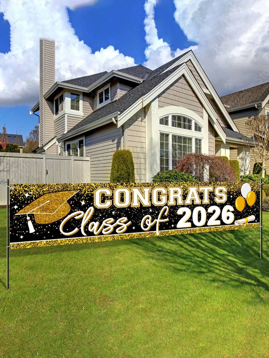 Striscione di congratulazioni per la laurea 2026; Grande striscione "Congratulazioni alla classe del 2026"; Celebra i risultati dei laureati; Adatto per forniture per feste di laurea 2026, decorazioni per feste di celebrazione, cartelli da giardino e decorazioni per vacanze - nero - Visualizzare 1