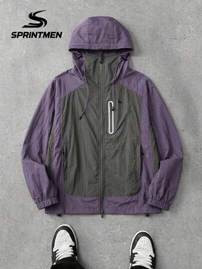 1pc Men's Purple Hooded Jacket, Soft & Lightweight Jacket Design With Zipper Pockets, Suitable For Summer Outdoor Activities Like Hiking, Fishing, Commuting, Workout, Running
