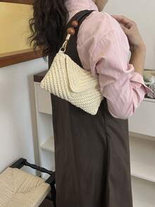 Women's New Arrival Shoulder Bag, Large Capacity Commuter Bag, Niche Design Casual Versatile Minimalist Fashion Handbag, Comfortable Fabric Woven Texture Solid Color Design, Zipper Closure, Spacious Interior, Online Straw Bag Beach Bag - White - View 8