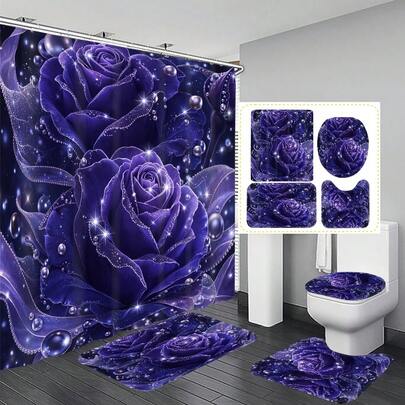 1pc/4pcs Purple Floral Pattern Multifunctional Bathroom Decor Shower Curtain Set, Free 12 Hooks Included, Elegant Holiday Atmosphere, Bathroom Mat, U-Shaped Floor Mat And Round Toilet Mat, Suitable For All Scenarios Bathroom Set