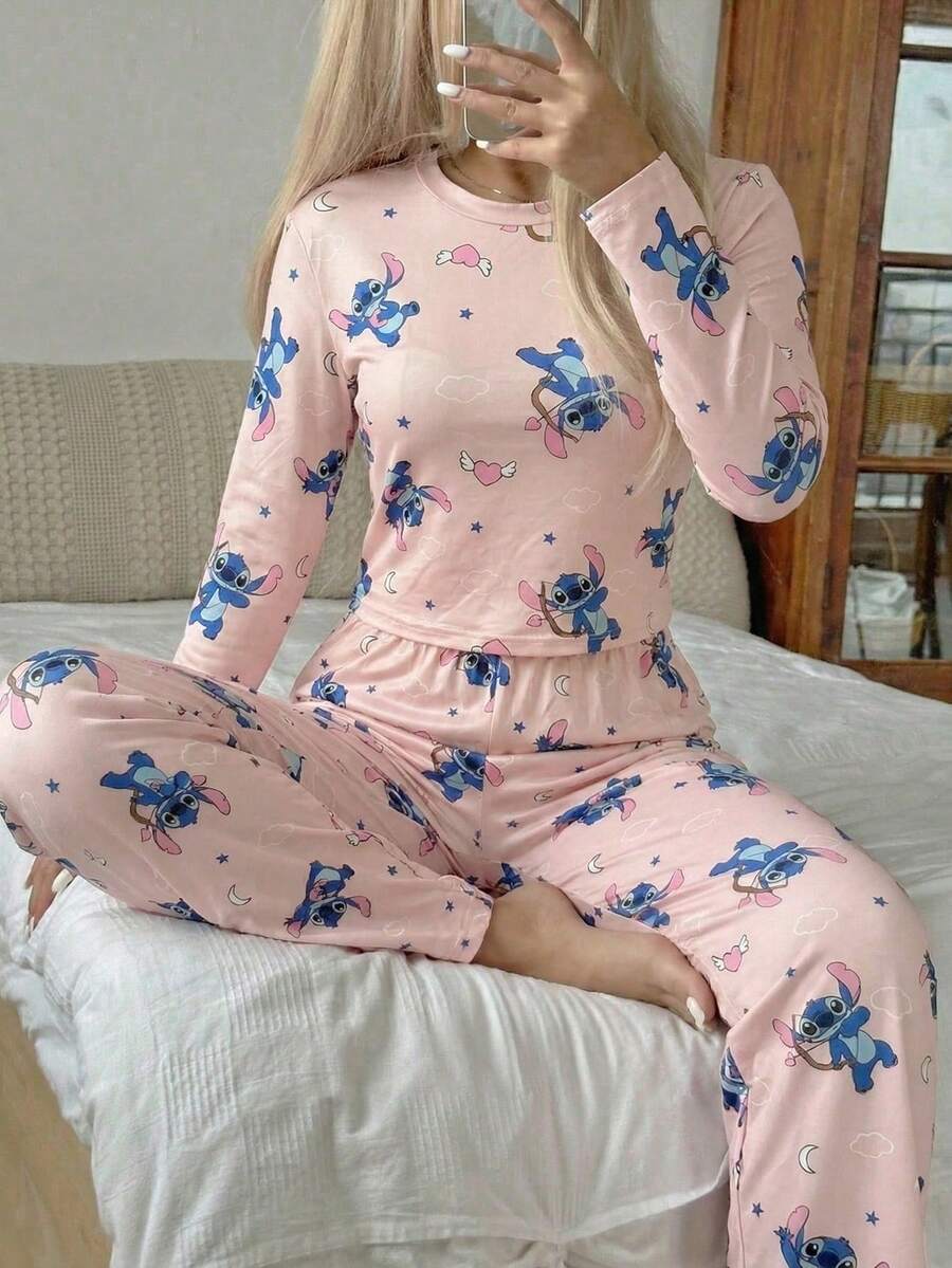 Disney 两件套印花弹力柔软休闲家居服套装，长款T恤和长裤，适合春秋季穿着。 - 淺粉色 - 查看 1