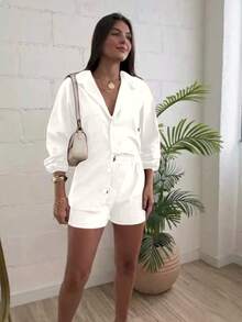 Combination Set Consisting Of A Long-Sleeved Top And Shorts. - White - View 2