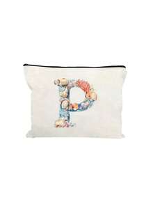 Bolsa de maquillaje impresa con diseño de estrella de mar, concha y elementos oceánicos, con letras del alfabeto A-Z. Bolsa de almacenamiento con estampado de letras de moda, bolsa de cosméticos para almacenamiento de artículos pequeños, bolsa de almacenamiento, bolsa de maquillaje, bolsa de aseo, bolsa de almacenamiento plegable ligera, bolsa de embrague como regalo para maestros, almacenamiento para enfermeras, médicos, maestros, adecuada para el almacenamiento de cosméticos de viaje personal, esencial para vacaciones en la playa, campamento, vacaciones, regalo del Día de la Madre - Multicolor - Ver 22