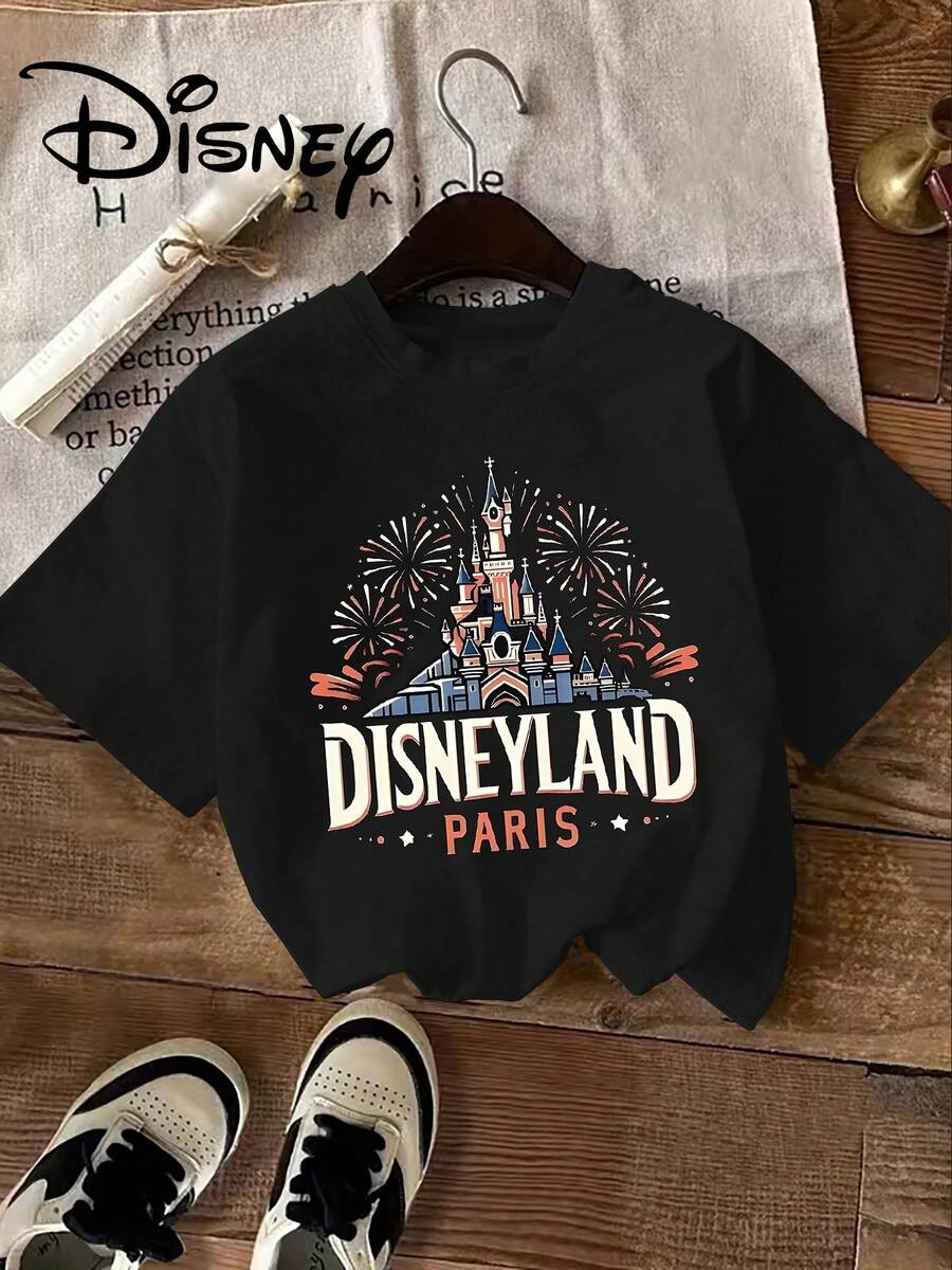 (Authorized By Disney) Disney Castle Fireworks Printed T-Shirt, Disneyland Paris Castle Fireworks Pattern, The Fabric Is Soft, Comfortable And Breathable, Suitable For Daily Wear, Shopping, Traveling, Gathering And Home Use. It Is Also Suitable As A Beautiful Gift. Every Woman Should Have One. - Black - View 1