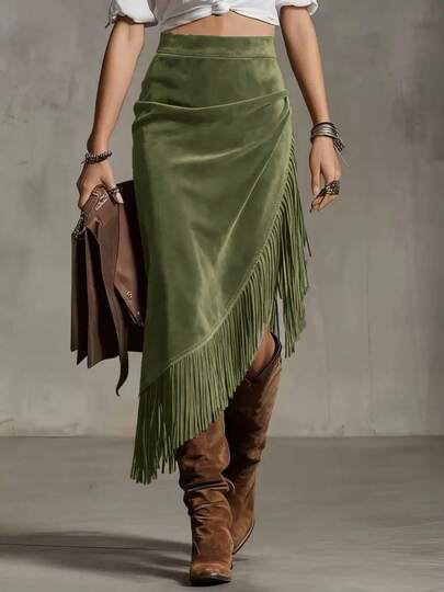 Nova Saia Casual Assimétrica de Zíper de Cor Sólida com Bainha de Franjas Retrô Ocidental Feminina, Primavera