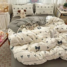 3件套亲肤可爱简约风奶油蓝蝴蝶结条纹印花被套组（1个被套+2个枕套，不含被芯），双面蝴蝶结条纹印花床上用品套装，柔软透气四季通用提花被套，适用于卧室、客房 - 彩色 - 查看 8