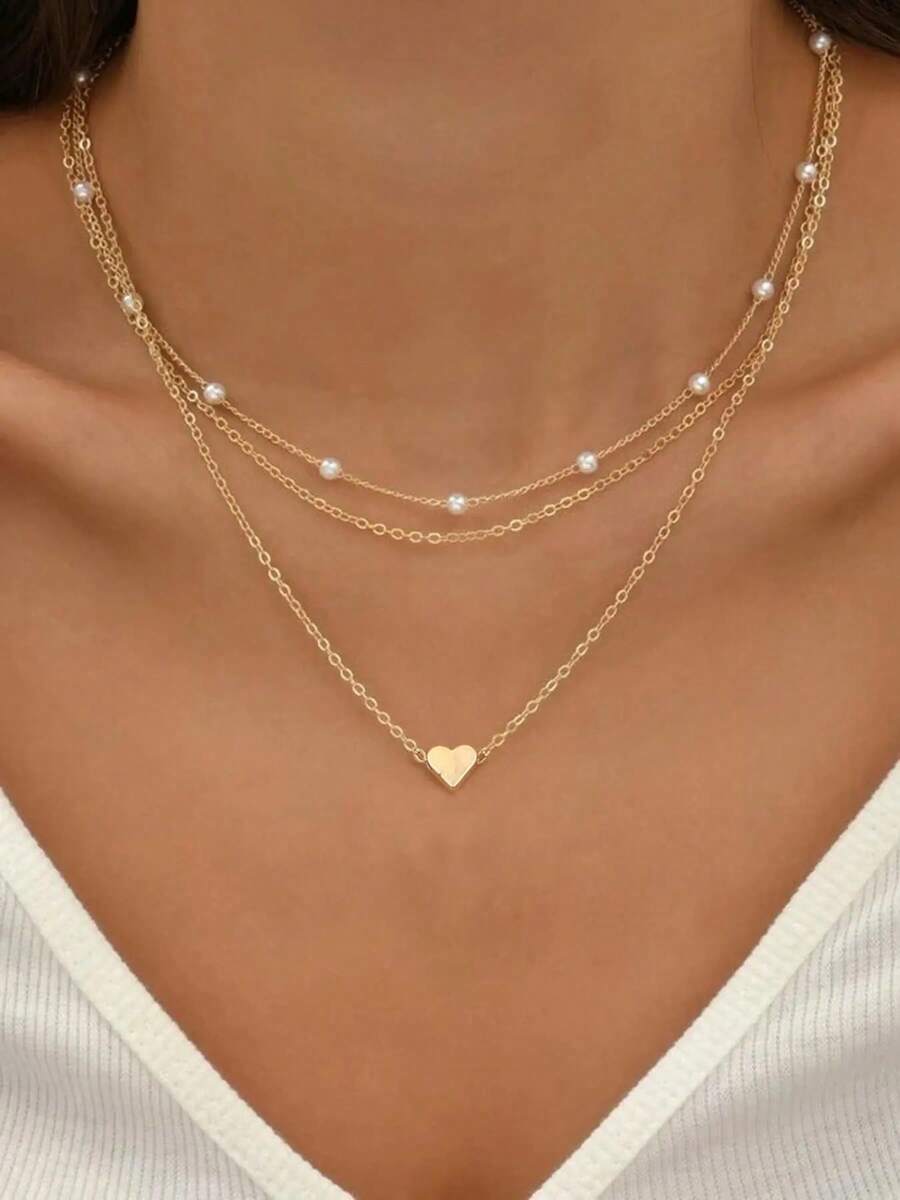 Women's Elegant Faux Pearl Decor Pendant Heart Necklace, Summer Minimalist Matching Necklace, Cute Jewelry As Gift For Girlfriend, Casual  Jewelry - 金色 - 查看 1